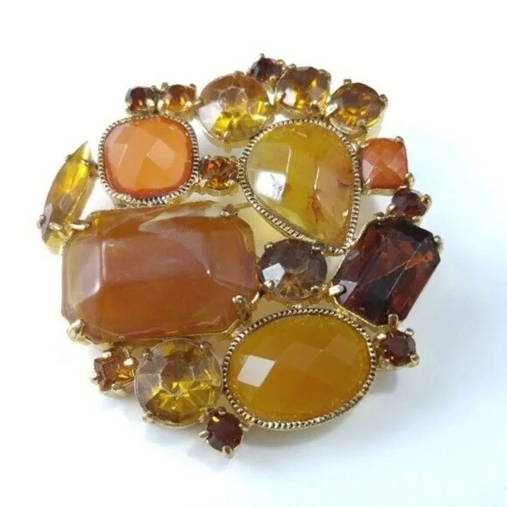 Vintage Topaz Cabochons & Rhinestones Brooch, Light Dark Topaz, Gold Tone, 2 In